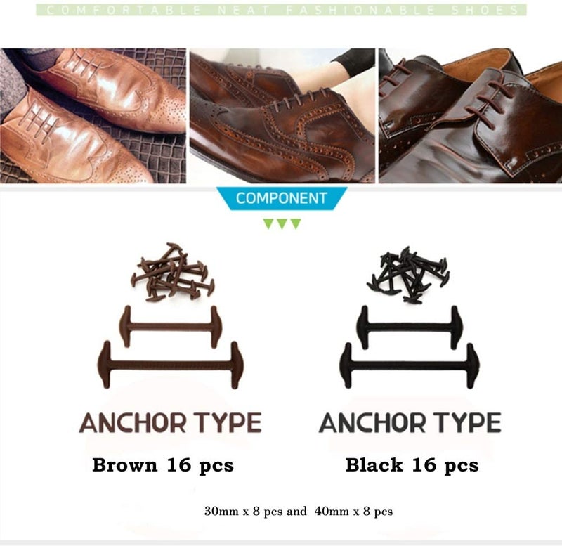 Koollaces Elastic No Tie Dress Shoe Laces for Men â€“ Silicone Anchor-Type Laces, Black & Brown (16pcs Brown) - Image 5
